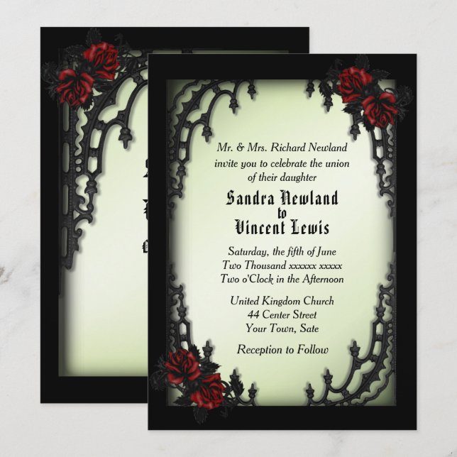 French Quarter Gothic Red Rose on Green Invitation (Front/Back)