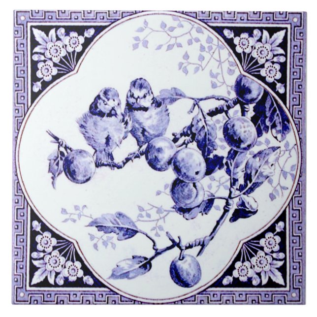 French Quatrefoil Framed Blue Birds Antique Repro Ceramic Tile (Front)