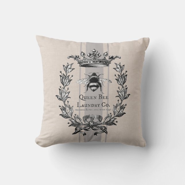 French Queen Bee, grey striped faux grain sack Throw Pillow (Front)