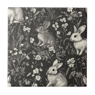 French Rabbit Toile in Black Floral Pattern Ceramic Tile