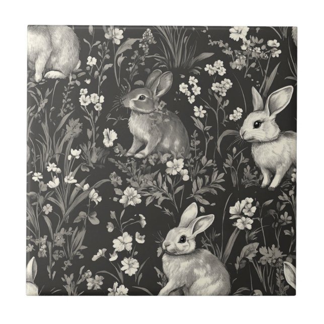 French Rabbit Toile in Black Floral Pattern Ceramic Tile (Front)