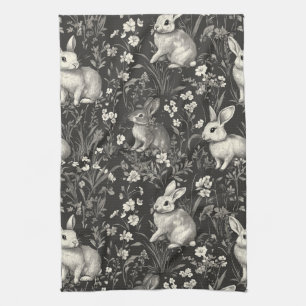 French Rabbit Toile in Black Floral Pattern Kitchen Towel