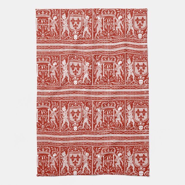 French Red and White Medieval Pattern Monogram H Towel (Vertical)