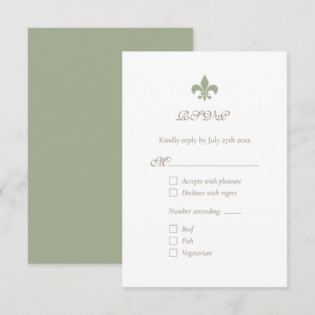 French Regency Green Fleur de Lis Chic RSVP Card (Front/Back)