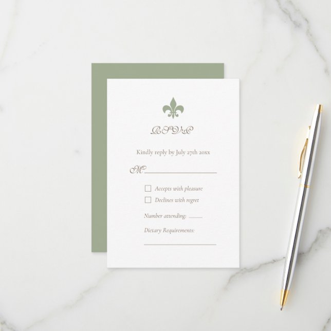 French Regency Green Fleur de Lis Design Wedding RSVP Card (Front/Back In Situ)