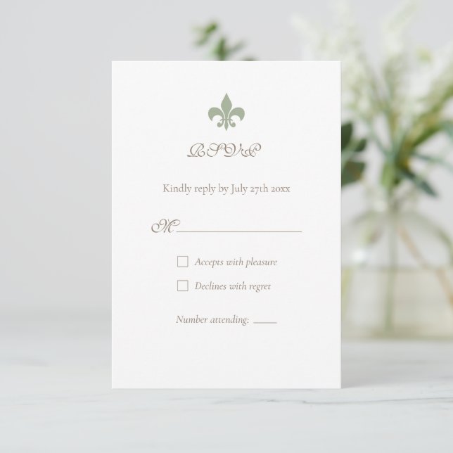 French Regency Green Fleur de Lis Elegant Wedding RSVP Card (Standing Front)
