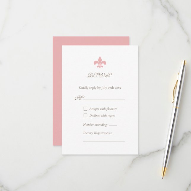French Regency Pink Fleur de Lis Design Wedding RSVP Card (Front/Back In Situ)