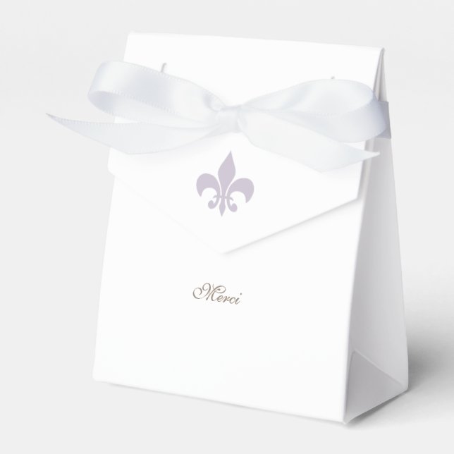 French Regency Purple Fleur de Lis Merci Wedding Favor Boxes (Front Side)