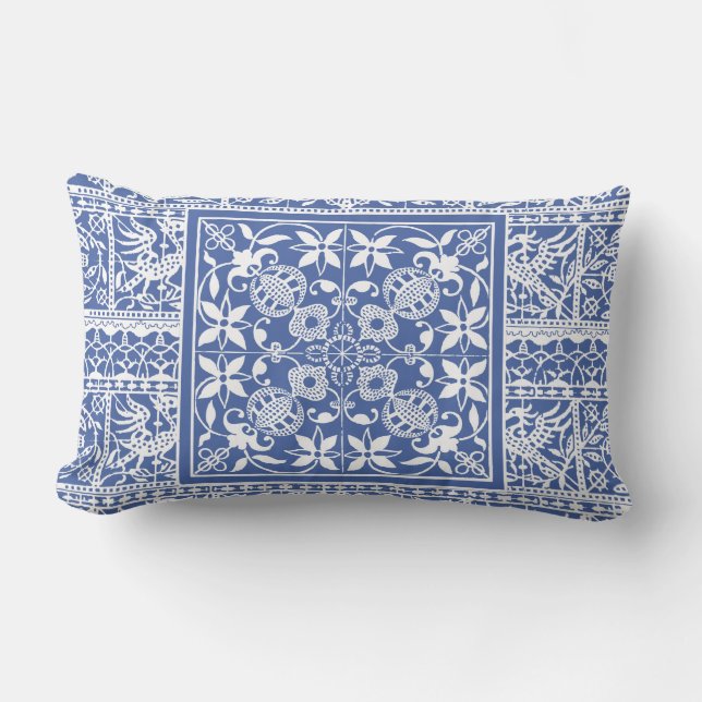 French Renaissance Blue White Lace Flowers Birds Lumbar Pillow (Front)