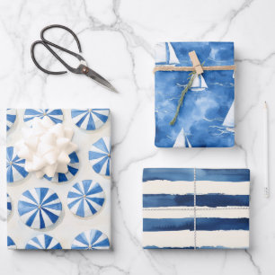 French Riviera Blue Umbrellas Boats Stripes Wrapping Paper Sheets