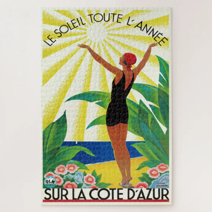 VINTAGE FRENCH RIVIERA WOMAN AT THE BEACH TRAVEL AD POSTER ART REAL CANVAS PRINT