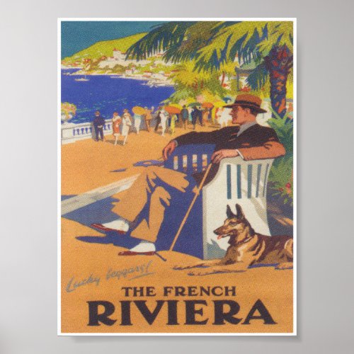 French Riviera Dapper Man with Dog Vintage Travel Poster