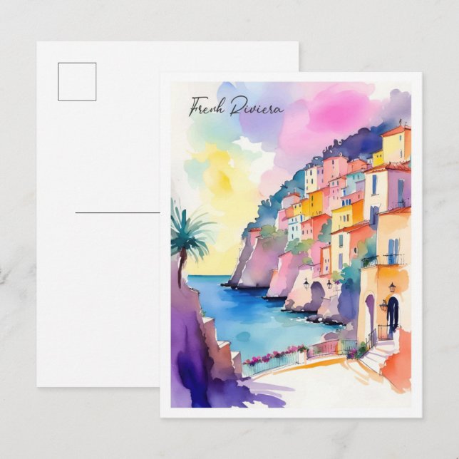 French Riviera France Watercolor Illustration Postcard (Front/Back)
