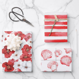 French Riviera Red Flowers Stripes Shells Wrapping Paper Sheets