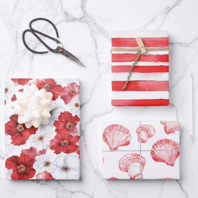 French Riviera Red Flowers Stripes Shells Wrapping Paper Sheets (Front)