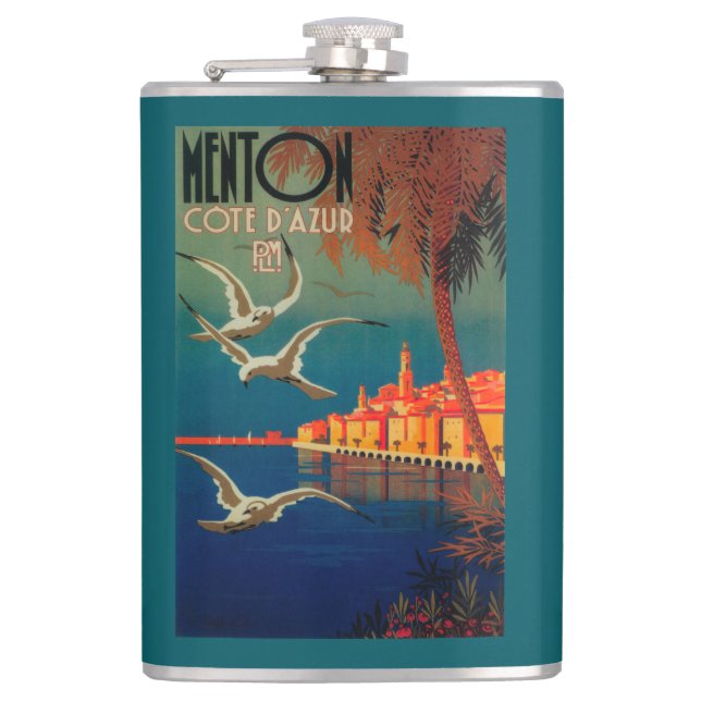French Riviera Travel Poster # 1 Hip Flask (Front)