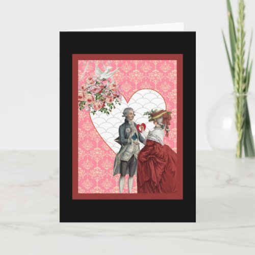 French Rococo Couple and Pink Damask Valentine Holiday Card