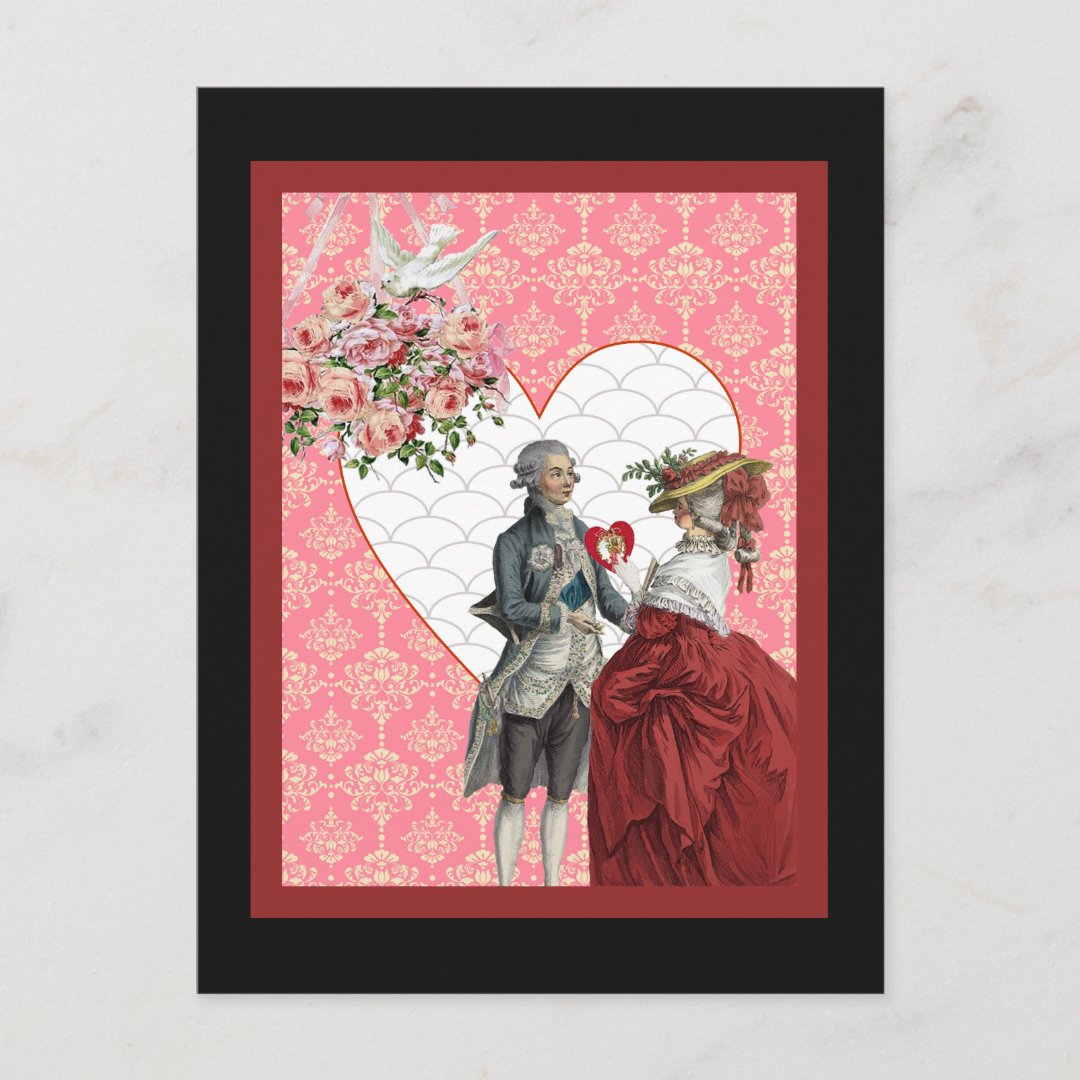 French Rococo Couple and Pink Damask Valentine Holiday Postcard | Zazzle