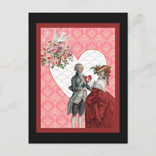 French Rococo Couple and Pink Damask Valentine Holiday Postcard