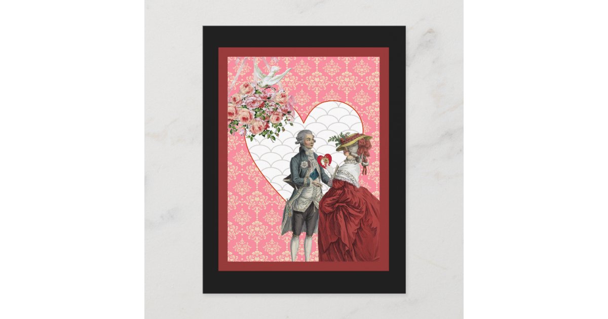 French Rococo Couple and Pink Damask Valentine Holiday Postcard | Zazzle