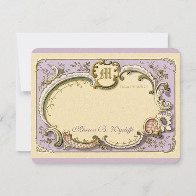 French Rococo Elegant Frame Antique Gold Lilac Note Card (Front)