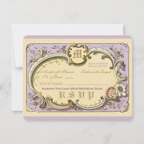 French Rococo Elegant Frame Antique Gold Lilac RSVP Card