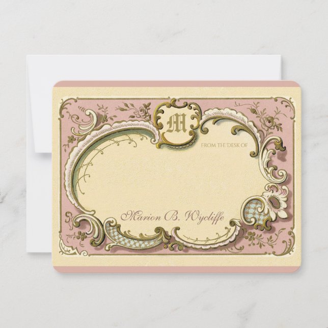 French Rococo Elegant Frame Antique Gold Pink Note Card (Front)