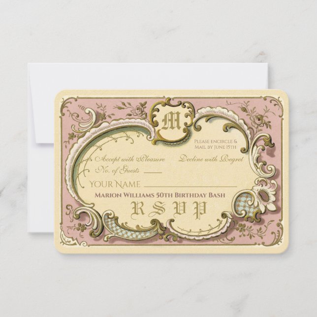 French Rococo Elegant Frame Antique Gold Pink RSVP Card (Front)