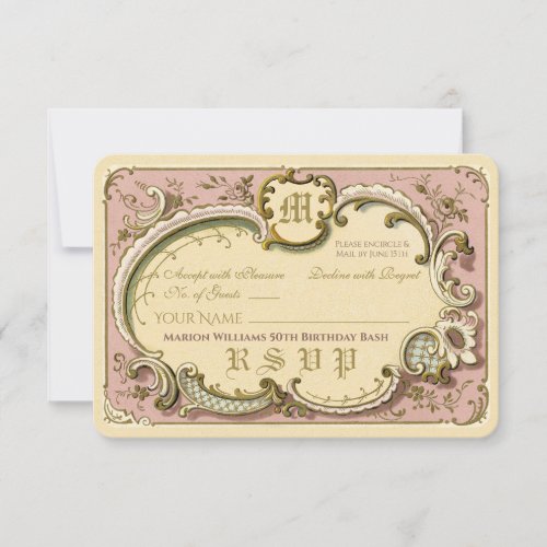 French Rococo Elegant Frame Antique Gold Pink RSVP Card