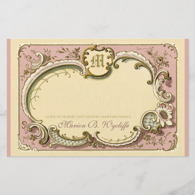 French Rococo Elegant Frame Antique Gold Pink Stationery (Front)