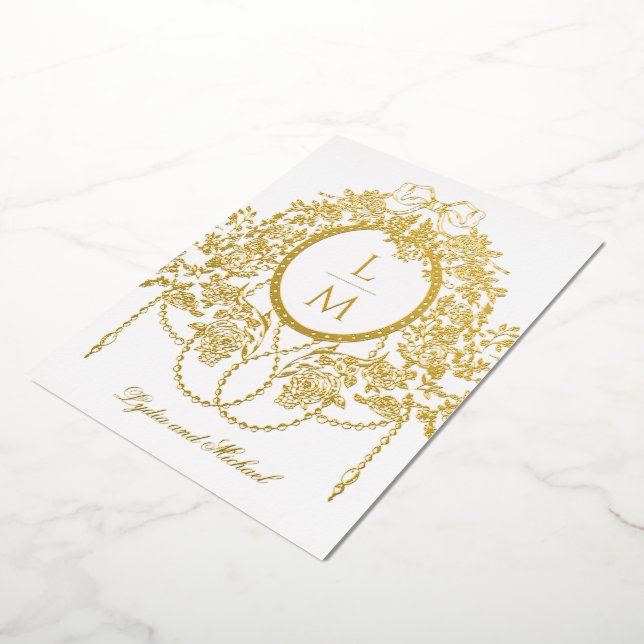 French Rococo Gold Foil Rose Monogram Wedding Invitation (Rotated)