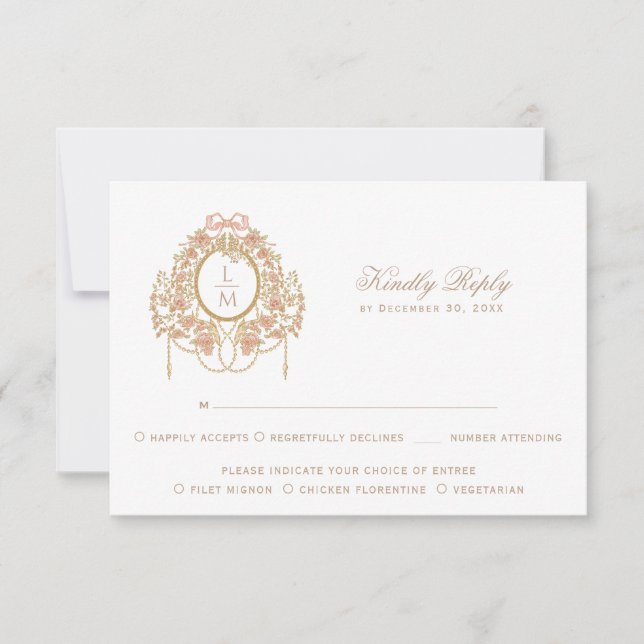 French Rococo Rose Monogram Wedding RSVP Card (Front)
