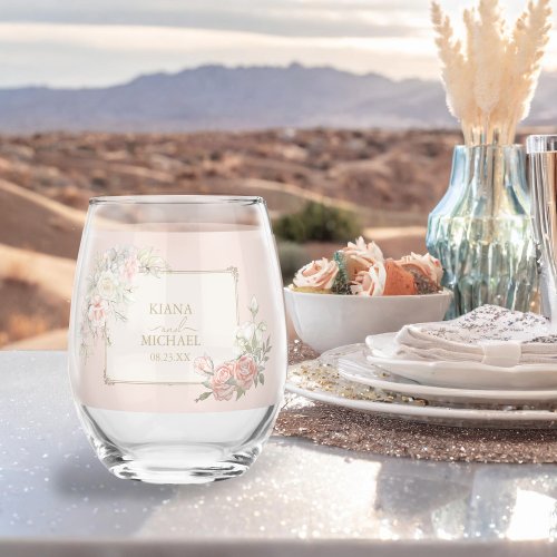 French Romance Wedding Floral Frame Blush ID870 Stemless Wine Glass