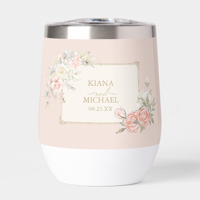 French Romance Wedding Floral Frame Blush ID870 Thermal Wine Tumbler (Front)
