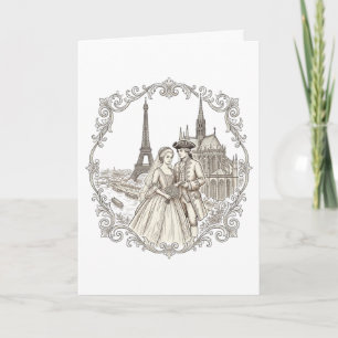 French Romantic Bride & Groom Paris Skyline Invitation