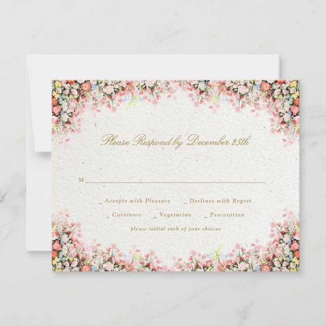 french romantic garden florals wedding RSVP card (Front)