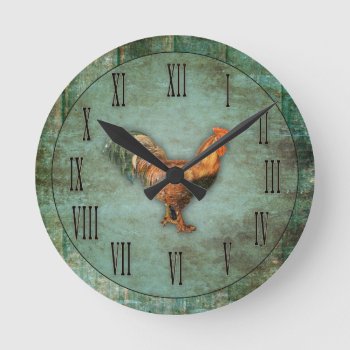 French Rooster And Faux Wood Round Clock by ClockCorner at Zazzle