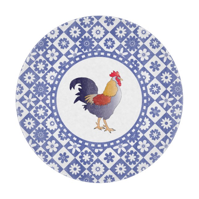 French Rooster Country Kitchen Blue and White Cutting Board (Front)