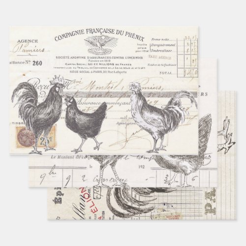 French Rooster Hen Receipt Ephemera Decoupage Bird Wrapping Paper Sheets