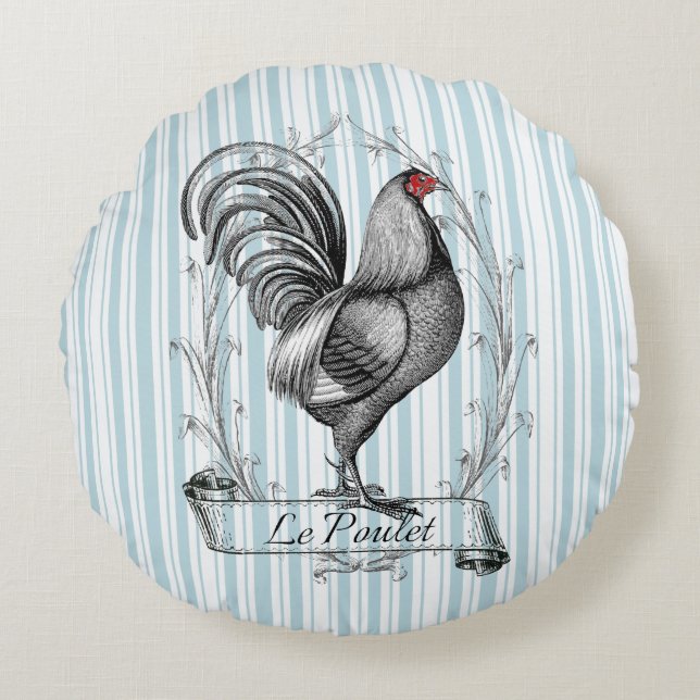 French Rooster Le Poulet Round Pillow (Front)