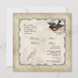 French Rose Love Birds Vintage Lace - Apple Green Invitation