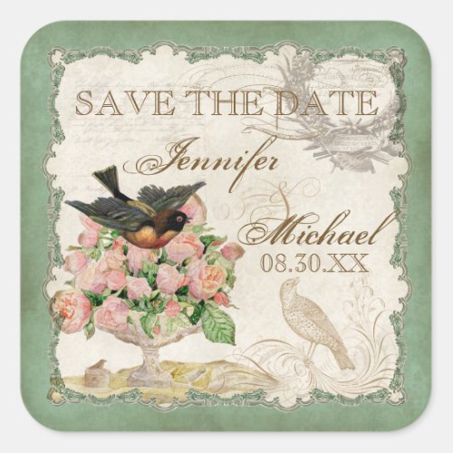 French Rose Love Birds Vintage Lace _ Apple Green Square Sticker