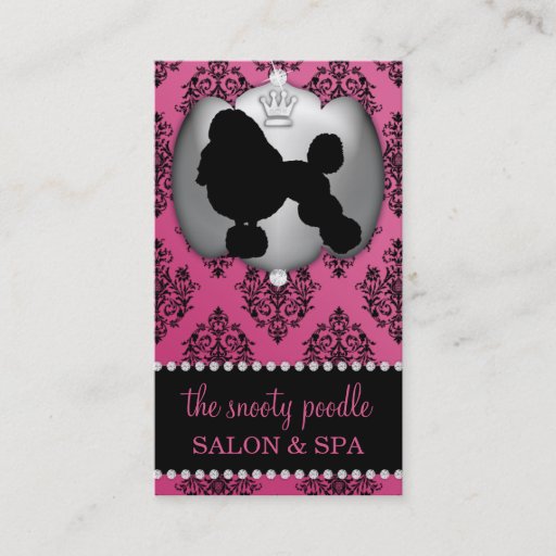 Customizable French Rose Pink Jeweled Damask Dog Grooming/Spa Business Card