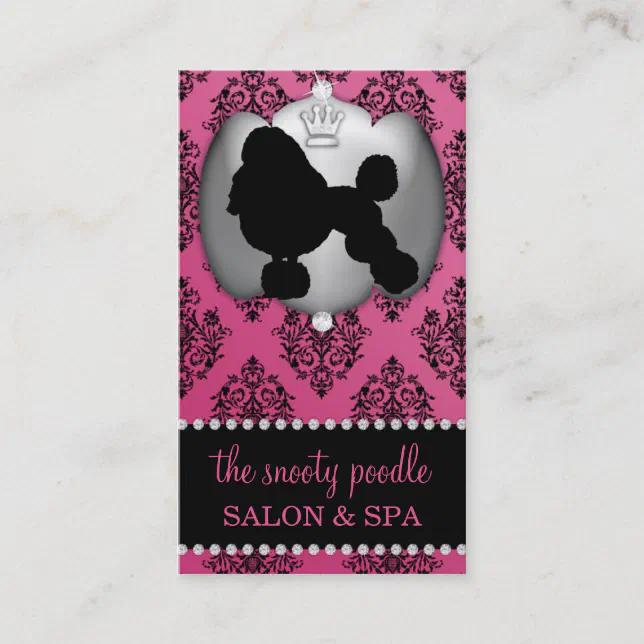 French Rose Pink Jeweled Damask Dog Grooming/Spa Business Card Zazzle