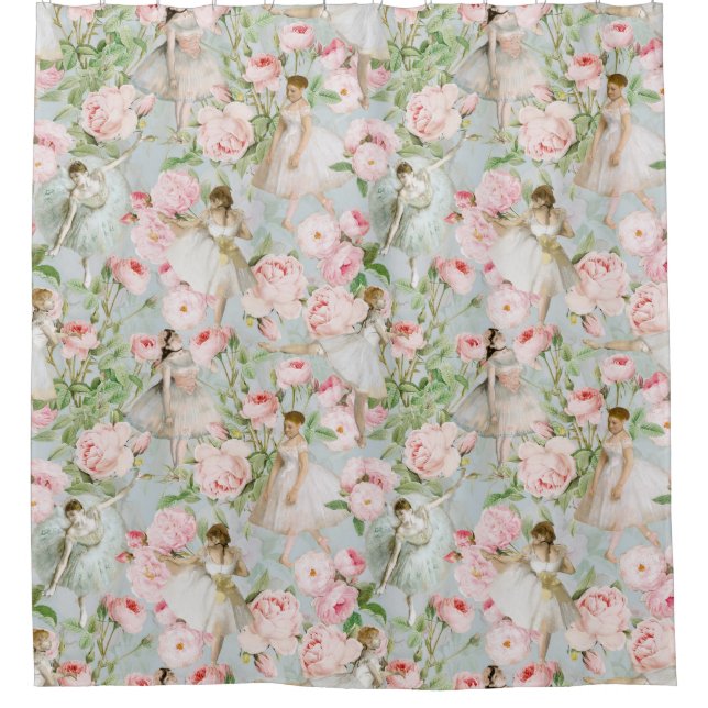 French Roses and Ballerina Dancer Summer Garden Shower Curtain (Front)