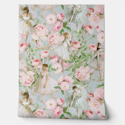 French Roses and Ballerina Dancer Summer Garden Wallpaper