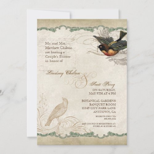 French Roses Love Birds Swirl Vintage Lace _ Aqua Invitation