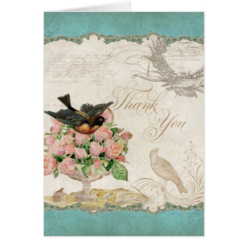 French Roses Love Birds Vintage Lace _ Aqua Blue