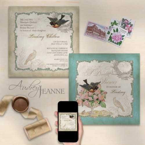 French Roses Love Birds Vintage Lace _ Aqua Blue Invitation