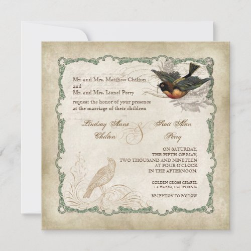 French Roses Love Birds Vintage Lace _ Mocha Invitation